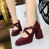 Shoes High Heel Chunky Heel Waterproof Platform Low Cut Square Toe Belt Buckle Suede Cross Strap Pumps Women